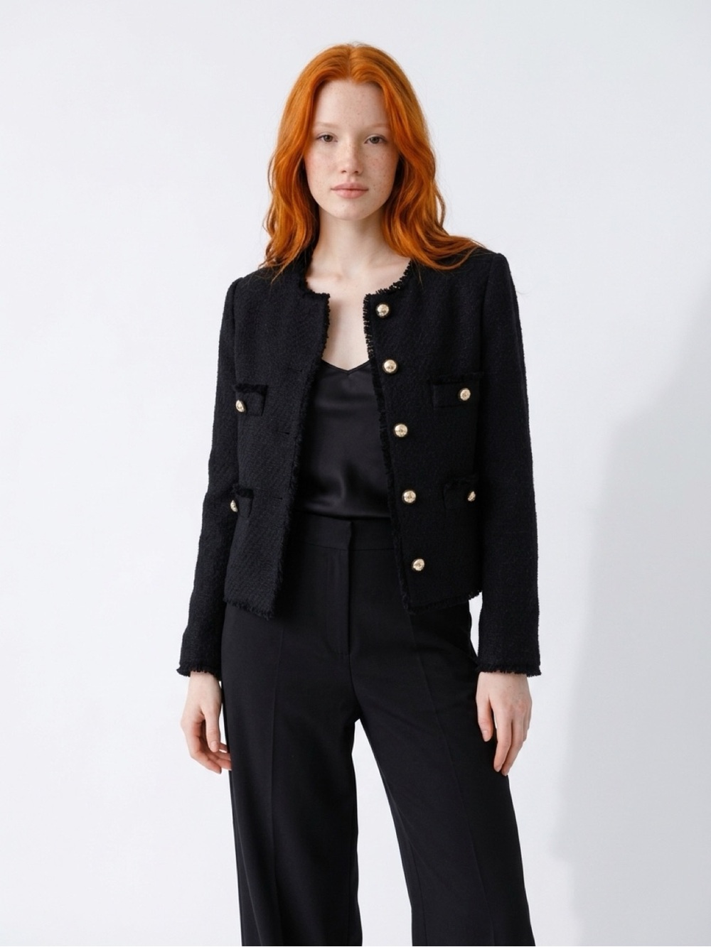 Mango Black Tweed Buttoned Collarless Jacket with Gold Buttons